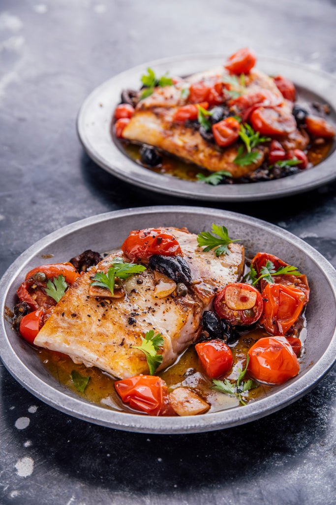 Branzino con Pomodorini e Olive - Sea Bass in Cherry Tomatoes and Olive Sauce